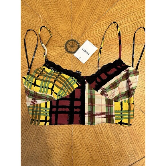 NWT Forever 21 Plaid Tank Cami Crop Adjustable Straps Lace Trim Women’s Size Med - Picture 2 of 7